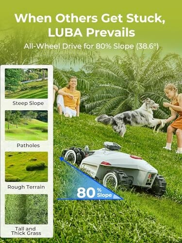Lawn mower robot on steep grassy slope with people and dog.