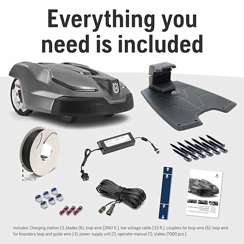 Robot lawn mower with accessories including charging station, blades, loop wire, and manual.