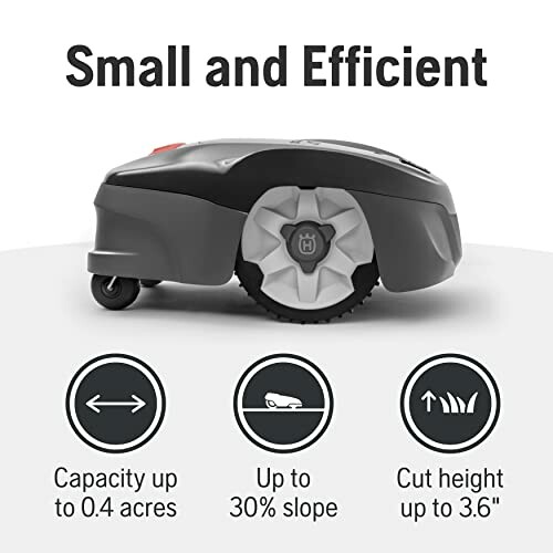 Small and efficient robot lawn mower with features like capacity up to 0.4 acres, up to 30% slope, cut height up to 3.6 inches.
