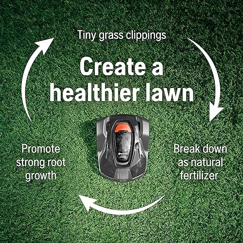 Robot lawnmower on grass with benefits diagram.