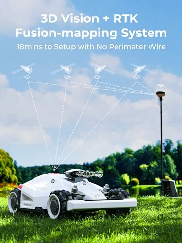 Robotic lawnmower with 3D vision and RTK system on grass.