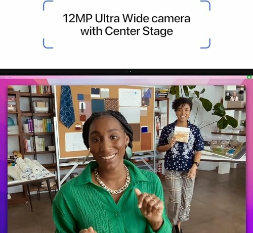 Two people in a room, promoting 12MP Ultra Wide camera with Center Stage.