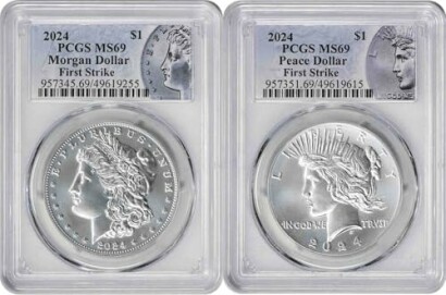 2024 Morgan and Peace Dollar coins in PCGS holders.