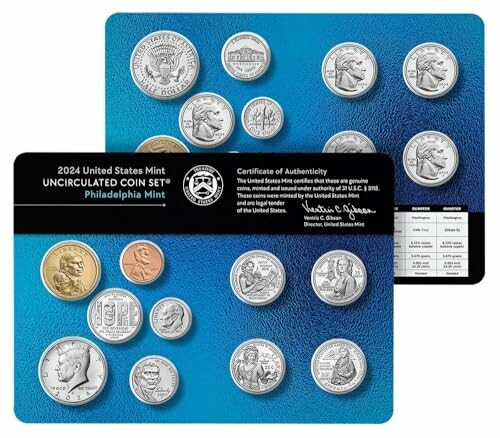 2024 United States Mint Uncirculated Coin Set from Philadelphia Mint with various coins displayed.