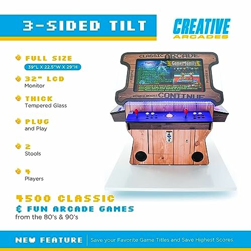 3-sided arcade machine with 32-inch LCD, thick tempered glass, supports 2 players and 7500 games.
