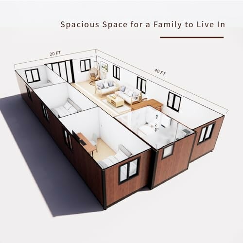3D model of a spacious family living space with labeled dimensions.