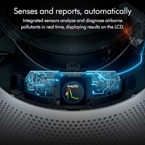 Air purifier with sensors and LCD display for real-time pollutant analysis.