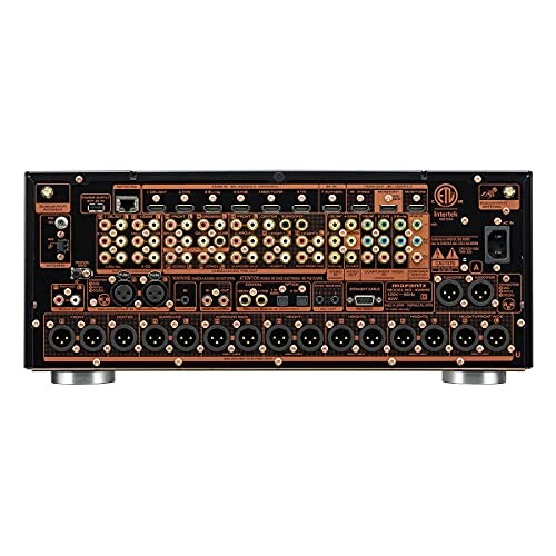 Back view of an audio-video receiver with multiple input and output ports.