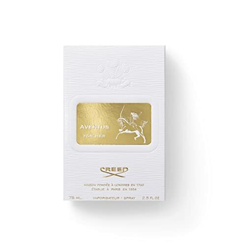 Aventus for Her perfume box with gold and white design