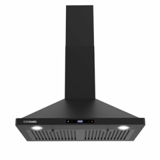 Black wall-mount range hood with lights and vents