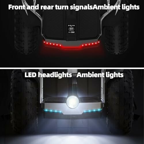 Front and rear turn signals, ambient lights, LED headlights on a vehicle.