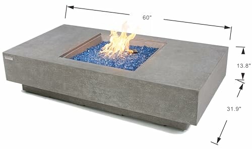Rectangular concrete gas fire pit table with blue glass beads and measurement dimensions.