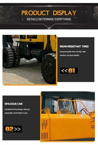 Construction vehicle features: wear-resistant tires and spacious cab.