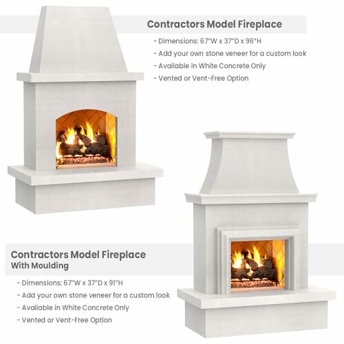 Two views of contractors model fireplace with and without molding, featuring a stone veneer option in white concrete.