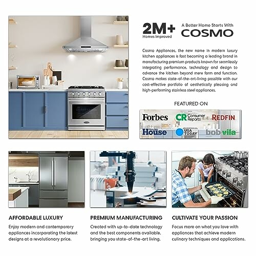 Cosmo kitchen appliances advertisement showcasing modern kitchen, premium manufacturing, and culinary passion.