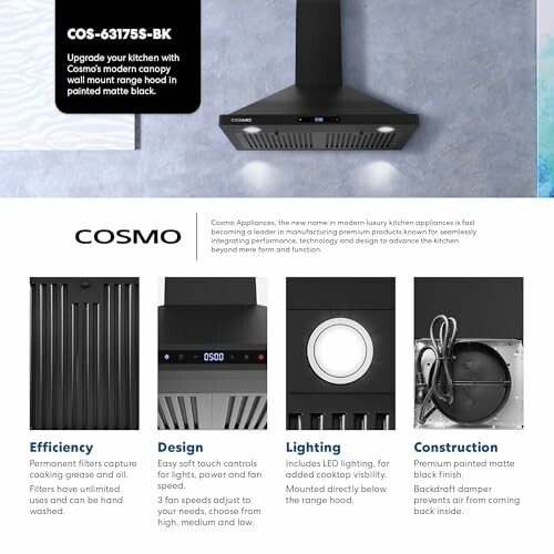 Cosmo kitchen range hood with features: efficiency, design, lighting, construction.