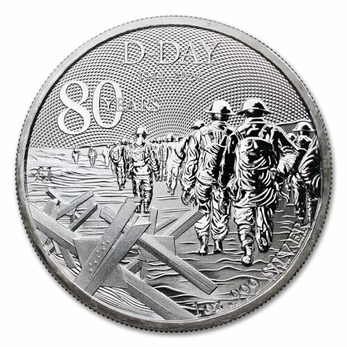 Commemorative coin for D-Day 80th anniversary featuring soldiers and obstacles.
