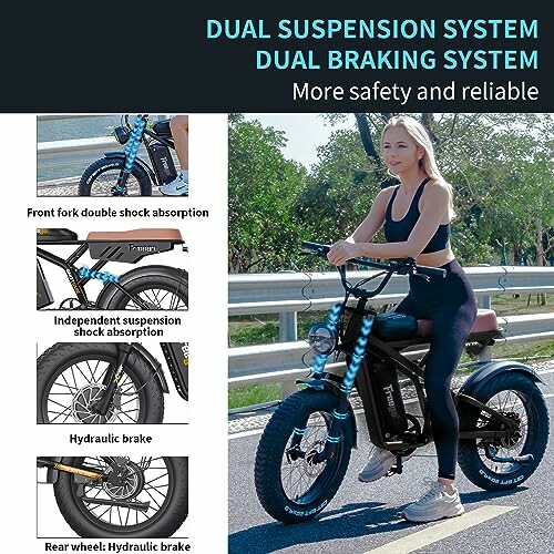 Woman riding an electric bike with dual suspension and braking system, showcasing front fork and rear wheel features.