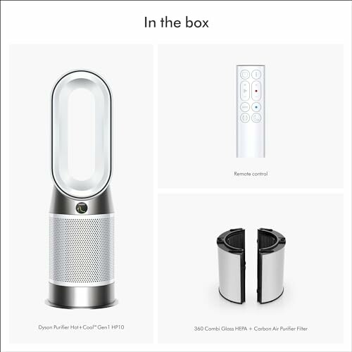 Contents of Dyson Purifier box: purifier, remote control, and filter.
