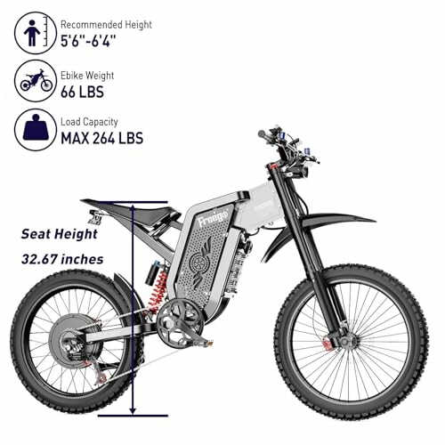 Electric bike with specifications including recommended height, weight, and load capacity.