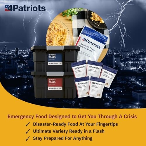 Emergency food kits with city background and lightning.