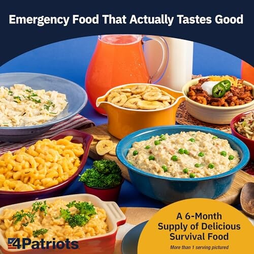 Various emergency food dishes including pasta and rice.