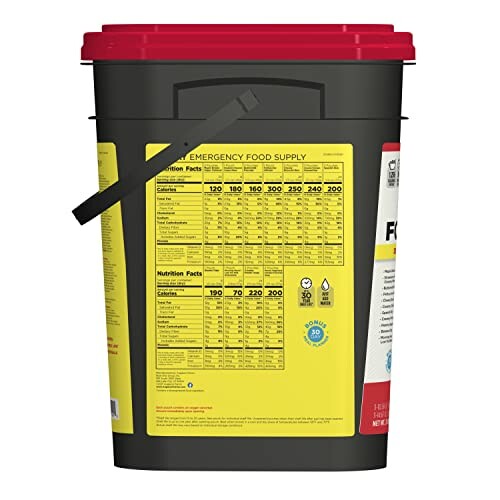 Emergency food supply bucket with nutritional information label.
