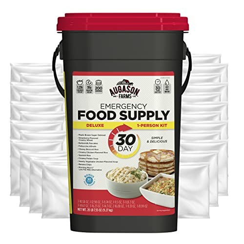 Augason Farms emergency food supply bucket with 30-day meal kit.