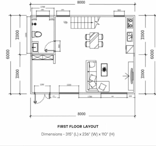 First floor layout plan with kitchen, dining, and living area.