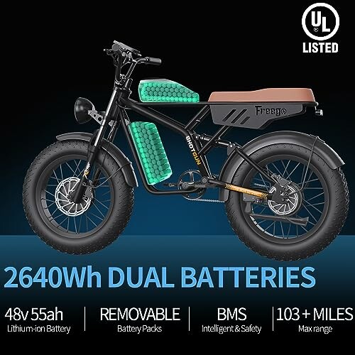 E-bike with dual 2640Wh batteries, removable packs, and 103+ miles range.
