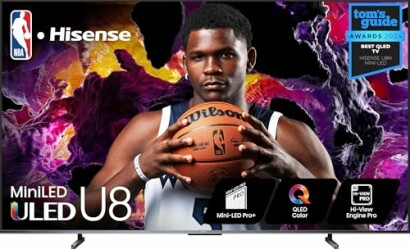 Hisense ULED U8 TV showcasing its features with a basketball player.