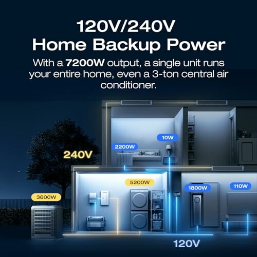 Diagram showing 120V/240V home backup power system with labeled wattage for different appliances.