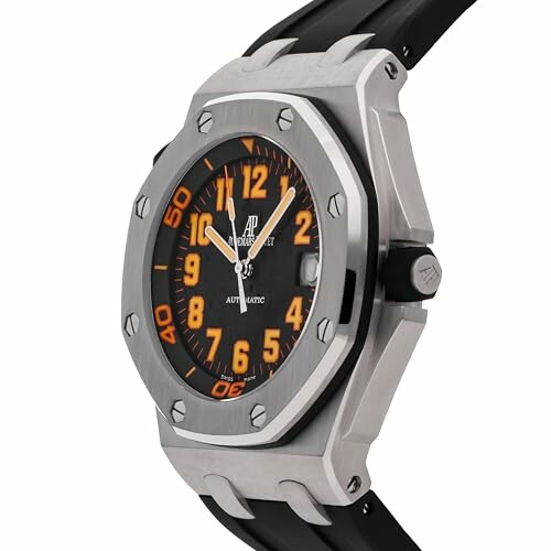 Luxury sports watch with orange numerals and black strap.