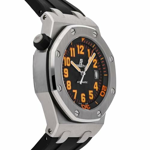 Luxury sports watch with black and orange dial.