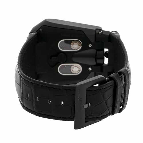 Back view of a luxury watch with black leather strap
