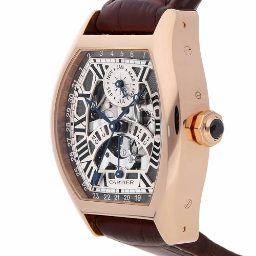 Luxury Cartier watch with visible mechanics and brown leather strap
