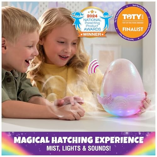 Children excitedly watching a magical egg toy hatching with mist and lights.