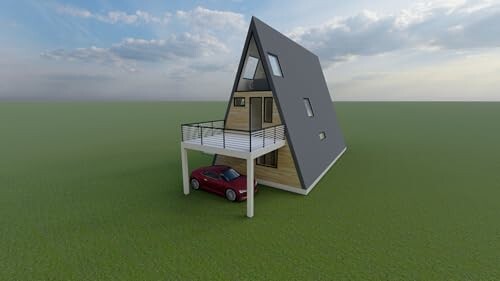 A-frame house with carport and red car on green field