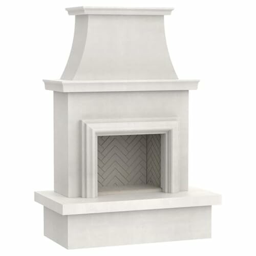 Modern concrete fireplace with mantel and herringbone interior.