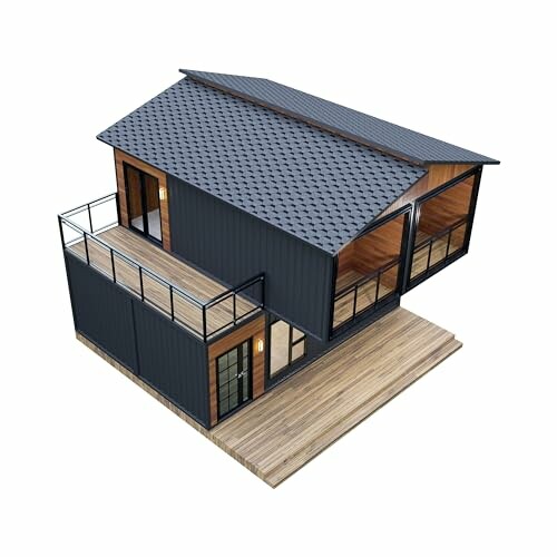 3D rendering of a modern container home with a rooftop deck.