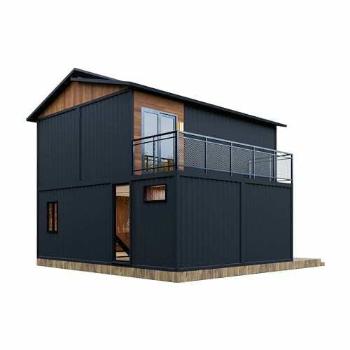 Modern two-story container home with dark exterior and wooden accents.