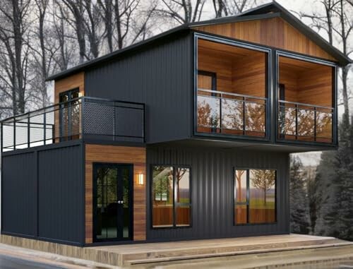 Modern two-story container home with large windows and balcony