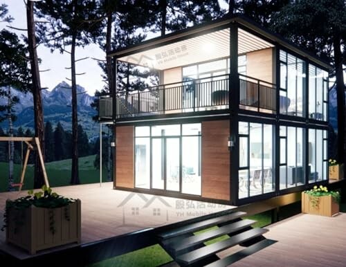Modern glass house with wooden accents in a forest setting