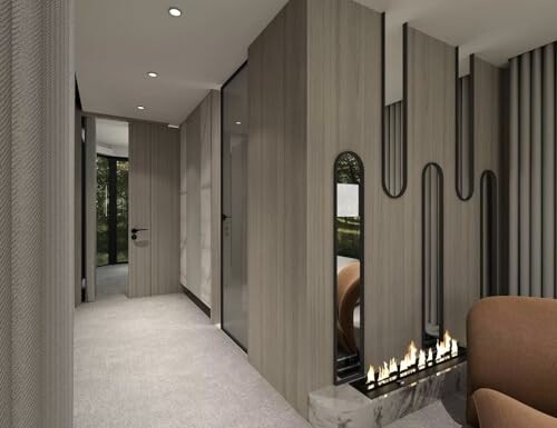 Modern hallway with stylish lighting and fireplace.