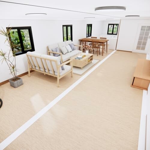 Spacious modern living and dining room with wooden furniture.