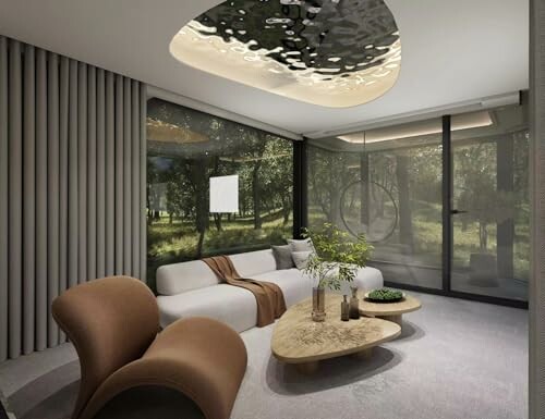 Modern living room with large windows, stylish furniture, and unique ceiling light.