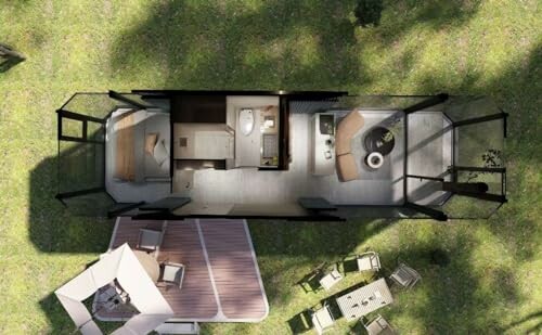 Top view of a modern tiny home interior layout with furniture and outdoor seating.