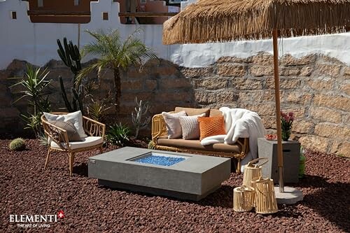 Outdoor patio with furniture and fire pit on a sunny day.