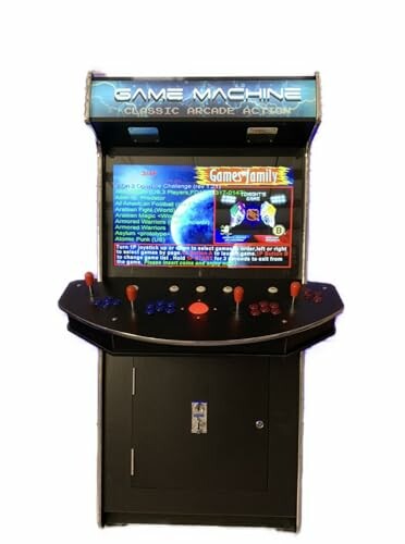 Retro arcade game machine with joystick controls and screen.