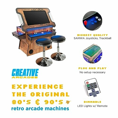 Retro arcade machine with stools and features highlighted.